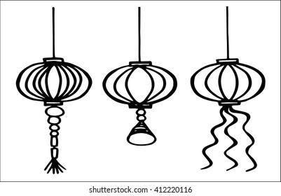 Hand Drawn lantern Set. Ink vector illustration of Chinese Lanterns.