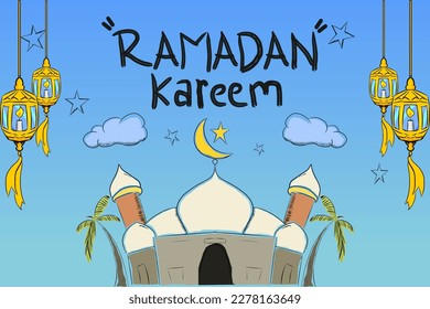 Hand drawn lantern and star crescent moon for ramadan greeting card with blue and doodle background. Vector Illustration.