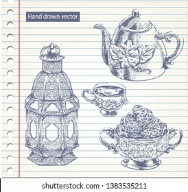 hand drawn of lantern and teapot element vector