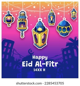 Hand Drawn Lanterns as A Greeting for Eid Al-Fitr Illustration