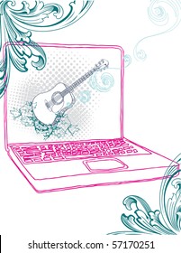 Hand drawn lap top with guitar screen