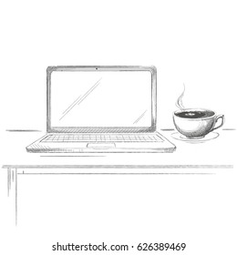 Hand Drawn Laptop With Coffee Sketch On Table Isolated