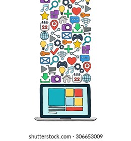 Hand drawn laptop with color web icons. Vector illustration.