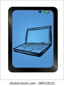 Hand drawn laptop on background plate. Vector illustration. Hand drawn.