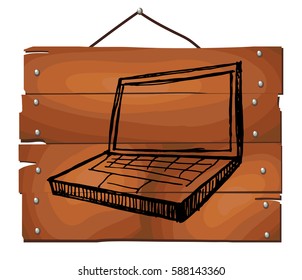 Hand drawn laptop on wooden plank background. Vector illustration. Hand drawn.