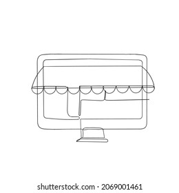 hand drawn laptop and store symbol for online store illustration in continuous line drawing