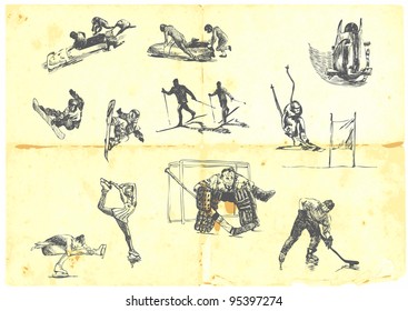 Hand drawn a large collection of winter sports - skiing, ice hockey, figure skating, etc. Detailed and precise work.