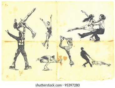 Hand drawn a large collection of winter sports - figure skating. Detailed and precise work.