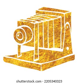 Hand Drawn Large Format Camera Icon In Gold Foil Texture Vector Illustration