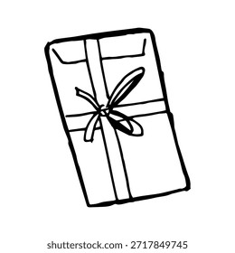 Grande sobre de paquete dibujado a mano atado con lazo de cinta. Ilustración de arte de línea negra para correo, entrega, embalaje, diseño de papelería, marca, hechos a mano, planificadores y conceptos postales