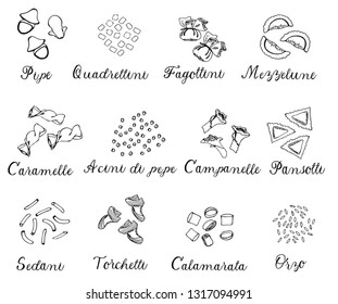Hand drawn large set of different types of Italian pasta with names. Vector linear illustration. Isolated on white, monochrome.