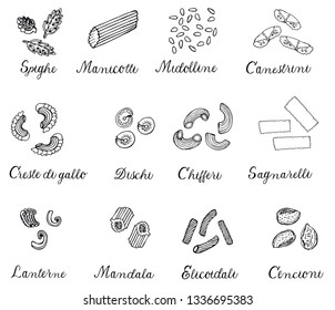 Hand drawn large set of different types of Italian pasta with names. Vector linear illustration. Isolated on white, monochrome.