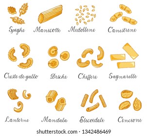 Hand drawn large set of different types of Italian pasta with names. Vector illustration. Isolated on white, colored.