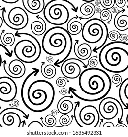 Hand drawn large and small spiral arrows. Black arrows isolated. Stock vector illustration. Seamless pattern on a white background.