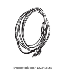 Hand Drawn Lasso Rope. Rodeo Cowboy Props Vector Illustration. Black Isolated On White Background. 