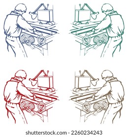 Hand Drawn Lathe Worker Vector Illustration. Man Working On Turner Factory Machine
