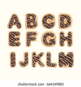 Hand drawn latin alphabet A-M in shape of cookies with chocolate cream