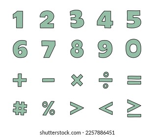 Hand drawn latin alphabet numbers from 0 to 9 and mathematical symbols. Cartoon style icons. Vector illustration