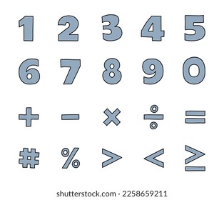 Hand drawn latin alphabet numbers from 0 to 9 and mathematical symbols. Cartoon style icons. Vector illustration