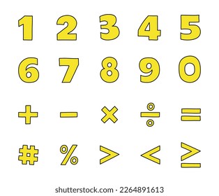 Hand drawn latin alphabet numbers from 0 to 9 and mathematical symbols. Cartoon style icons. Vector illustration