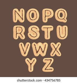 Hand drawn latin alphabet N-Z in shape of cookies with chocolate cream