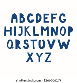 Hand drawn Latin alphabet in paper cut style. Make your own lettering. Isolated letters, blue on white background. Vector illustration. Design concept for typographic poster.