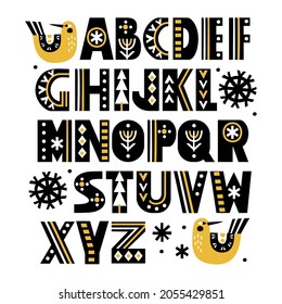 Hand drawn latin alphabet in Scandinavian style with ornate letters. Make your own Christmas typography. Isolated objects on white background. Vector illustration.