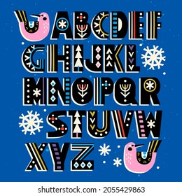 Hand drawn latin alphabet in Scandinavian style with ornate letters. Make your own Christmas typography. Isolated objects on white background. Vector illustration.
