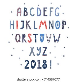 Hand drawn latin alphabet in Scandinavian style with ornate letters in blue, red and white. Make your own Christmas typography. Isolated objects on white background. Vector illustration.