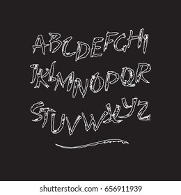 Hand drawn latin alphabet. Vector ABC isolated on the background and easy to use for your lettering design. Sketchy script. White chalk on the black board.