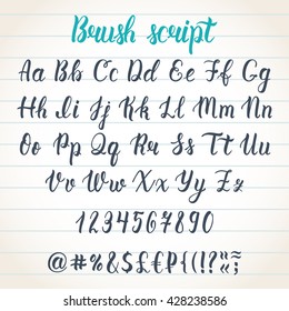 Hand drawn latin calligraphy brush script with numbers and symbols. Calligraphic alphabet. Vector illustration