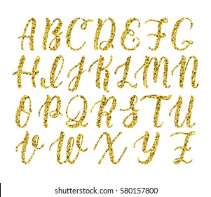 Hand Drawn Latin Calligraphy Brush Script Of Capital Letters. Gold Glitter Alphabet. Vector Illustration