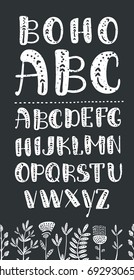 Hand drawn latin lettering alphabet. Vector Actual letters written with a brush. White on black background isolated