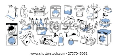 Hand drawn laundry doodle icon set. Laundromat concept with washing machines, clothes, detergent, baskets, socks on clothesline, household cleaning supplies. Simple line art illustration for housework