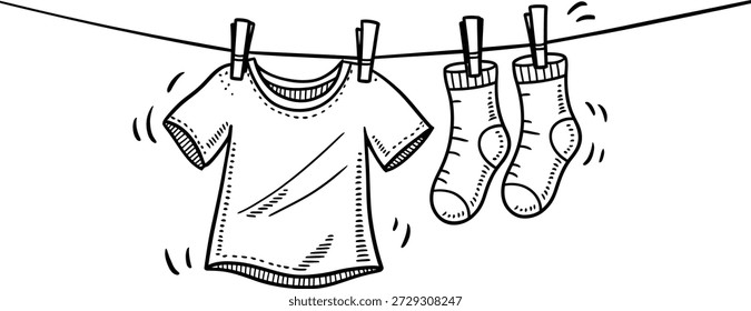 Hand drawn laundry drying on clothesline with t-shirt and socks doodle vector illustration