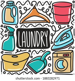 hand drawn laundry equipment doodle set with icons and design elements