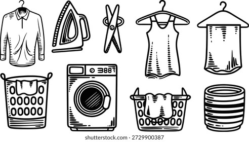 Hand drawn laundry equipment set with washing machine iron and basket doodle vector illustration