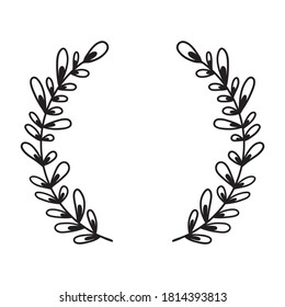 Hand drawn laurel emblem wreath. Wedding monogram design. Circle line border with elegant branches. Sketch floral frame clipart. Vector illustration isolated on white background.