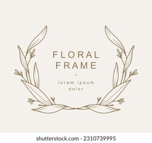 Hand drawn laurel floral frame with a branch with leaves. Elegant logo template. Vector illustration for labels,branding business identity, wedding invitation