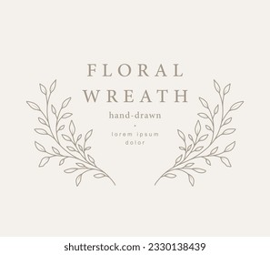 Marco floral de laurel dibujado a mano con una rama y hojas. Elegante plantilla de logotipo. Ilustración vectorial para etiquetas, identidad comercial de marca, invitación a boda