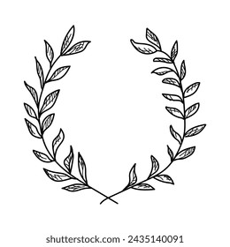 Hand drawn laurel wreath. Cute doodle frame for wedding invitations. Isolated on white.