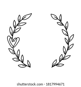 Hand drawn laurel wreath with heart. Wedding monogram design. Circle contour border with elegant branches. Sketch floral frame. Vector illustration isolated on white background.