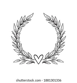 Hand drawn laurel wreath with heart vector illustration isolated on white background. Circle floral frame in sketch style. Delicate wedding monogram design. Botanical clipart.