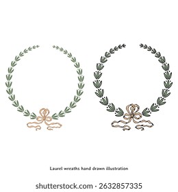 Hand Drawn Laurel Wreath Illustration – Vintage Botanical Frame with Ribbon