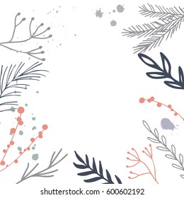Hand drawn laurels , fir tree branches, berries twigs and abstract paint splashes. Creative vector floral background. Perfect for invitations, cards, web design.