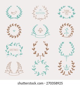 Hand drawn laurels and wreaths: vector set of circular floral frame silhouettes with copy space for your text. Design element for wedding invitations, birthday, Valentine's greeting cards.