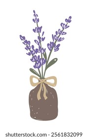 Hand drawn lavender bouquet in a rustic brown vase with a tied bow, ideal for home decor and design