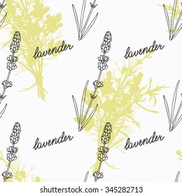 Hand drawn lavender branch and handwritten sign. Spicy herbs seamless pattern with hand lettering seasoning title. Doodle kitchen background. Vector illustration