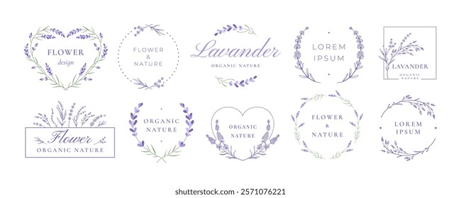 Hand drawn lavender emblems. Elegant floral badge templates with lavender sprigs, flower wreaths and heart shaped frames. Provence flowers labels vector set.