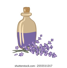 Hand drawn lavender essential oil bottle with lavender sprigs on a white background vector illustration